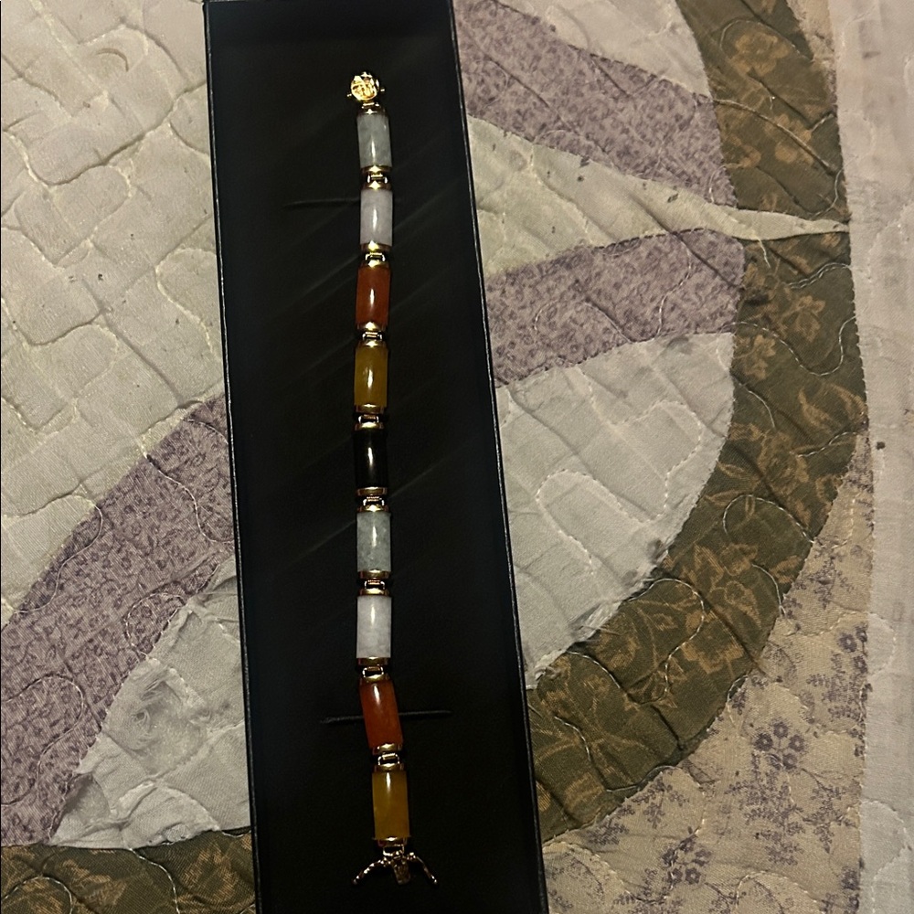 Multicolored jade “good fortune “ 18kt gold over sterling 7.5 inches New